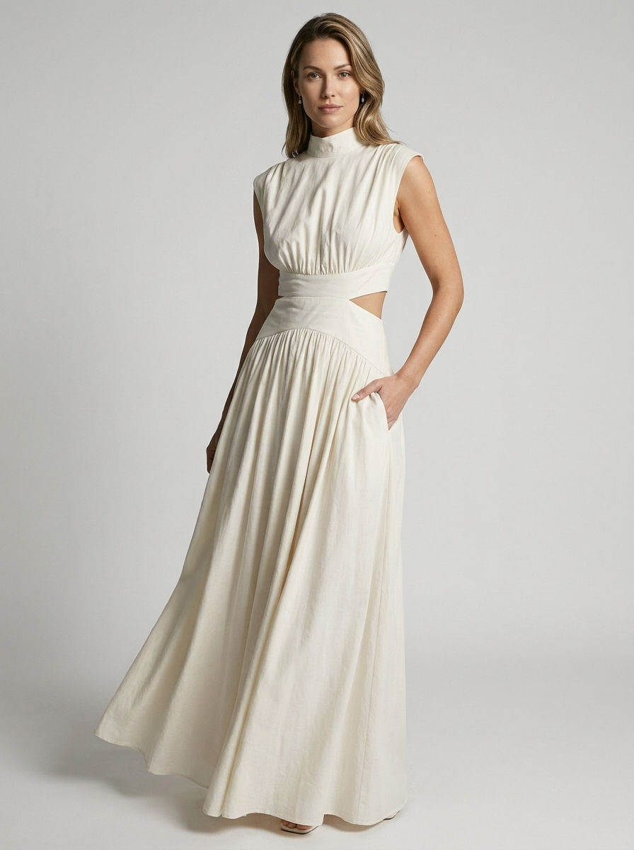 mock neck cut out long dress Maxi with and Cut-Out – Elegant Party Dress long sleeve backless dress Long sleeved breathable feel with a Size:4XS_00-0