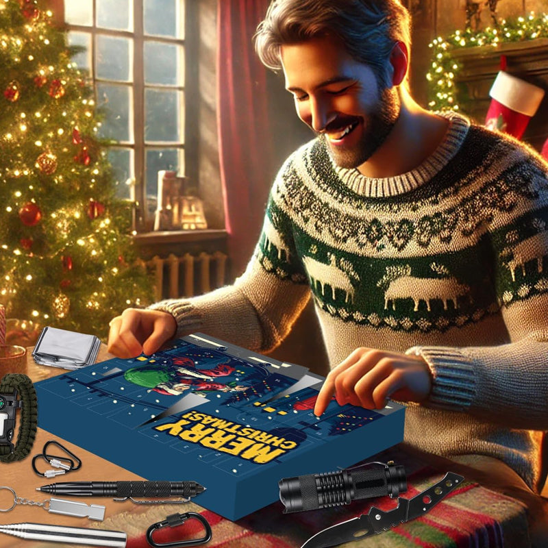 Grøn adventskalender med 24 nummererede låger og bjergmotiv