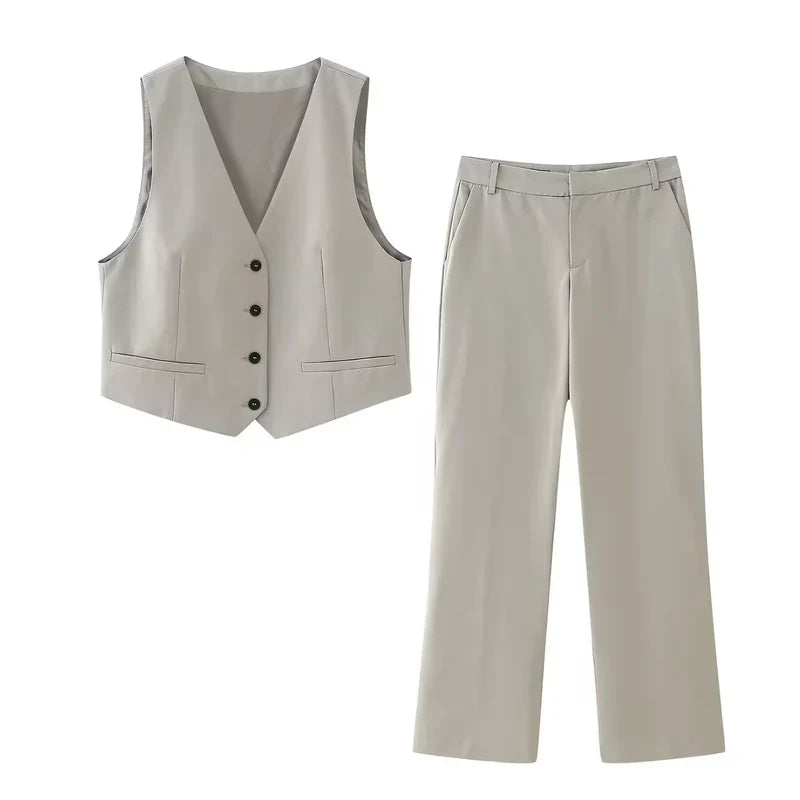Amarisse™ | Completo gilet a due pezzi da donna | Elegante outfit estivo coordinato con gilet senza maniche e pantaloni ampi a vita alta