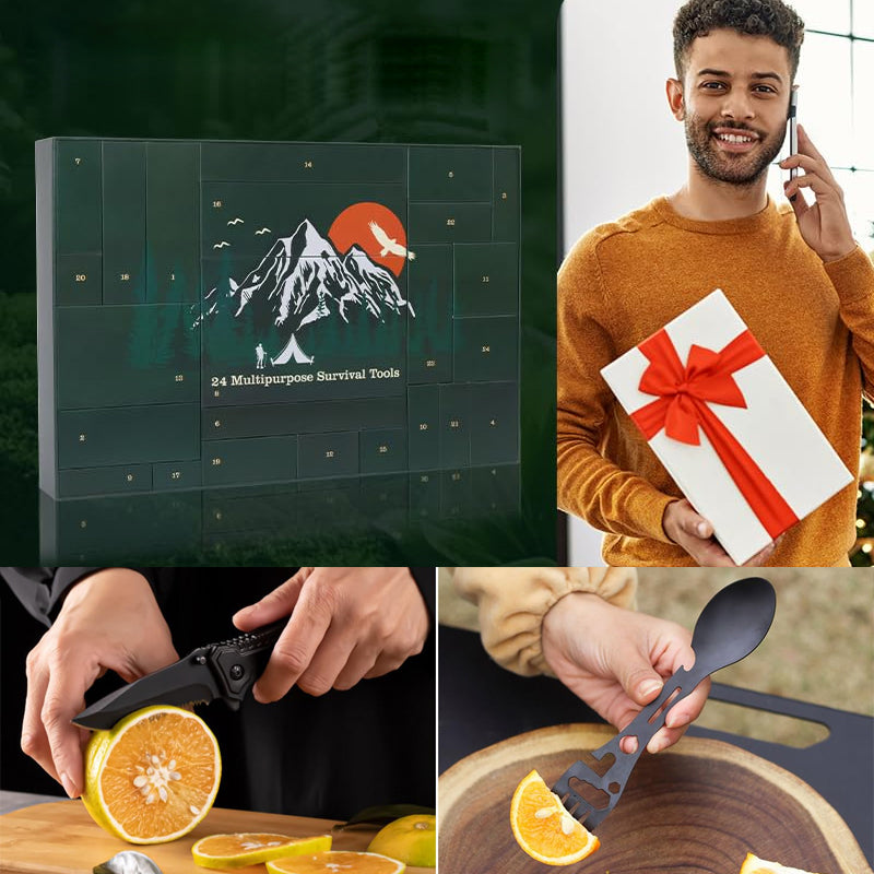 Grøn adventskalender med 24 nummererede låger og bjergmotiv