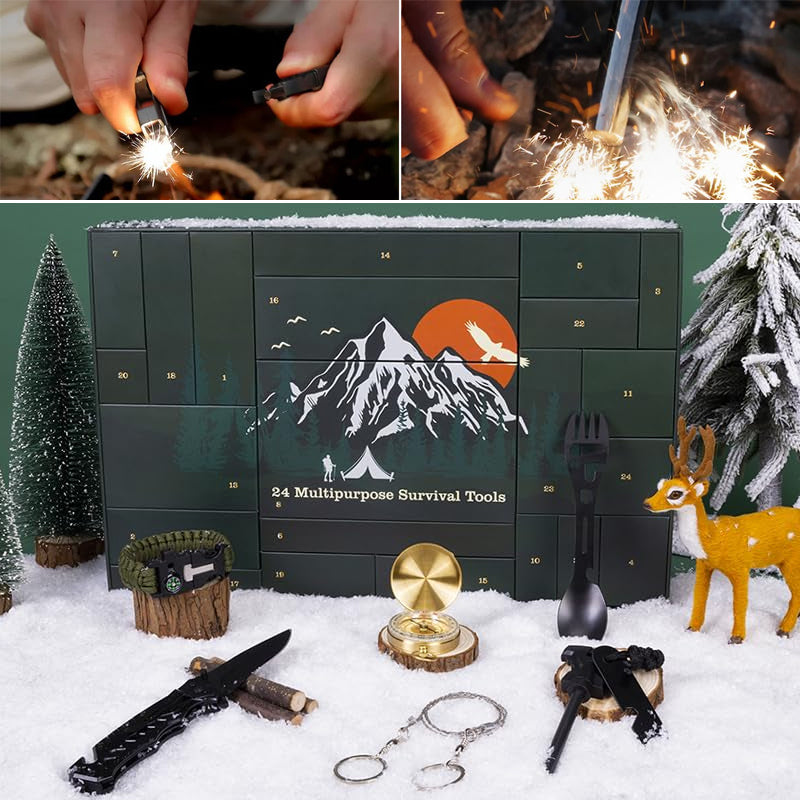 Grøn adventskalender med 24 nummererede låger og bjergmotiv