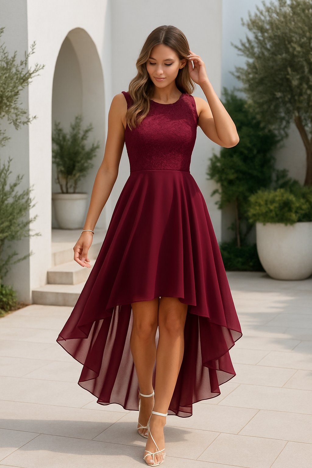 Ærmeløs kjole med tekstureret overdel, markeret talje og asymmetrisk nederdel