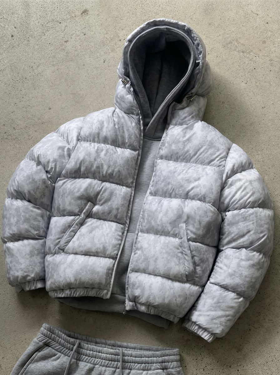Quiltet herrejakke med hætte, lynlås og forlommer