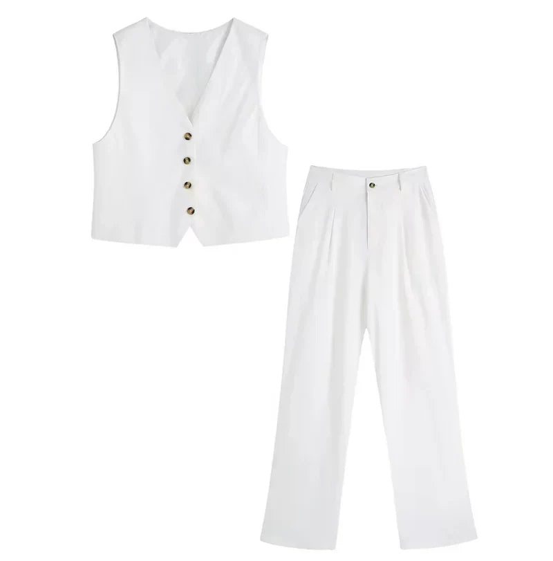 Amarisse™ | Completo gilet a due pezzi da donna | Elegante outfit estivo coordinato con gilet senza maniche e pantaloni ampi a vita alta
