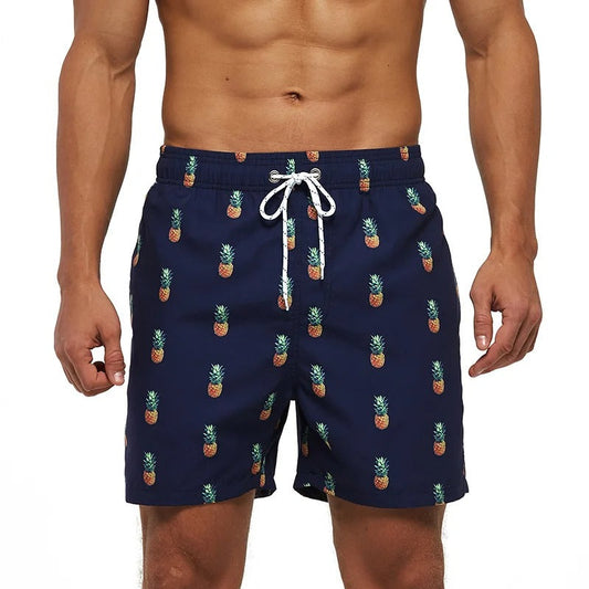 Lazaro | Men's Swim Shorts with Tropical Pineapple Print | Quick-Drying Swim Trunks with Drawstring and Side Pockets