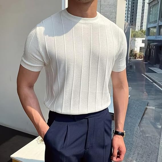 Carlos™ | Camiseta de Punto para Hombre con Textura de Canalé y Mangas Cortas | Estilo Casual Elegante Old Money de Lujo