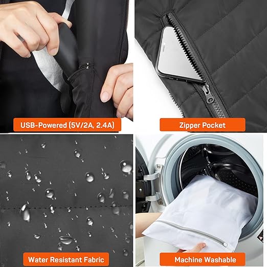 Sort varmevest med fire varmezoner og sort powerbank