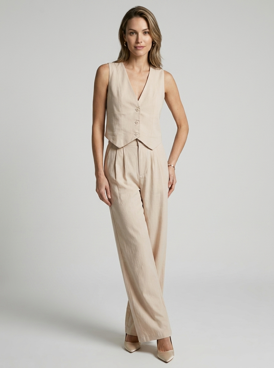 Elora™ | Tuta in lino a due pezzi da donna con pantaloni ampi e gilet | Completo estivo casual chic coordinato