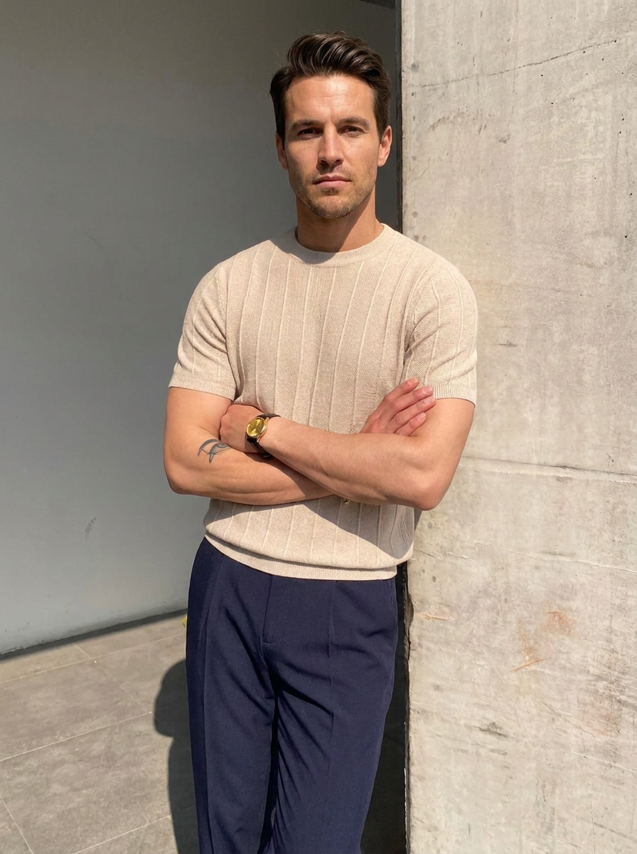 Carlos™ | Camiseta de Punto para Hombre con Textura de Canalé y Mangas Cortas | Estilo Casual Elegante Old Money de Lujo