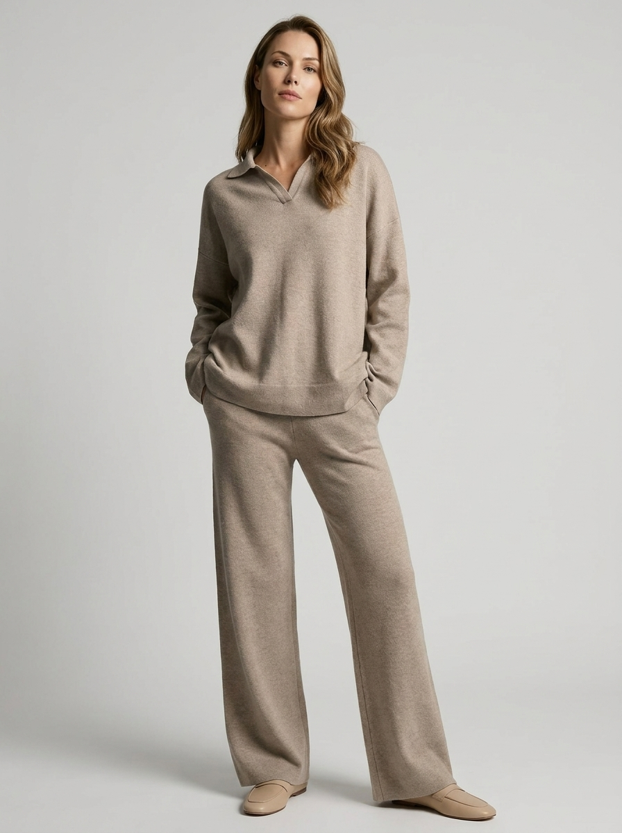Sofia | Dame Todelt Sæt med Oversize Polo-Trui og Wide-Leg Bukser