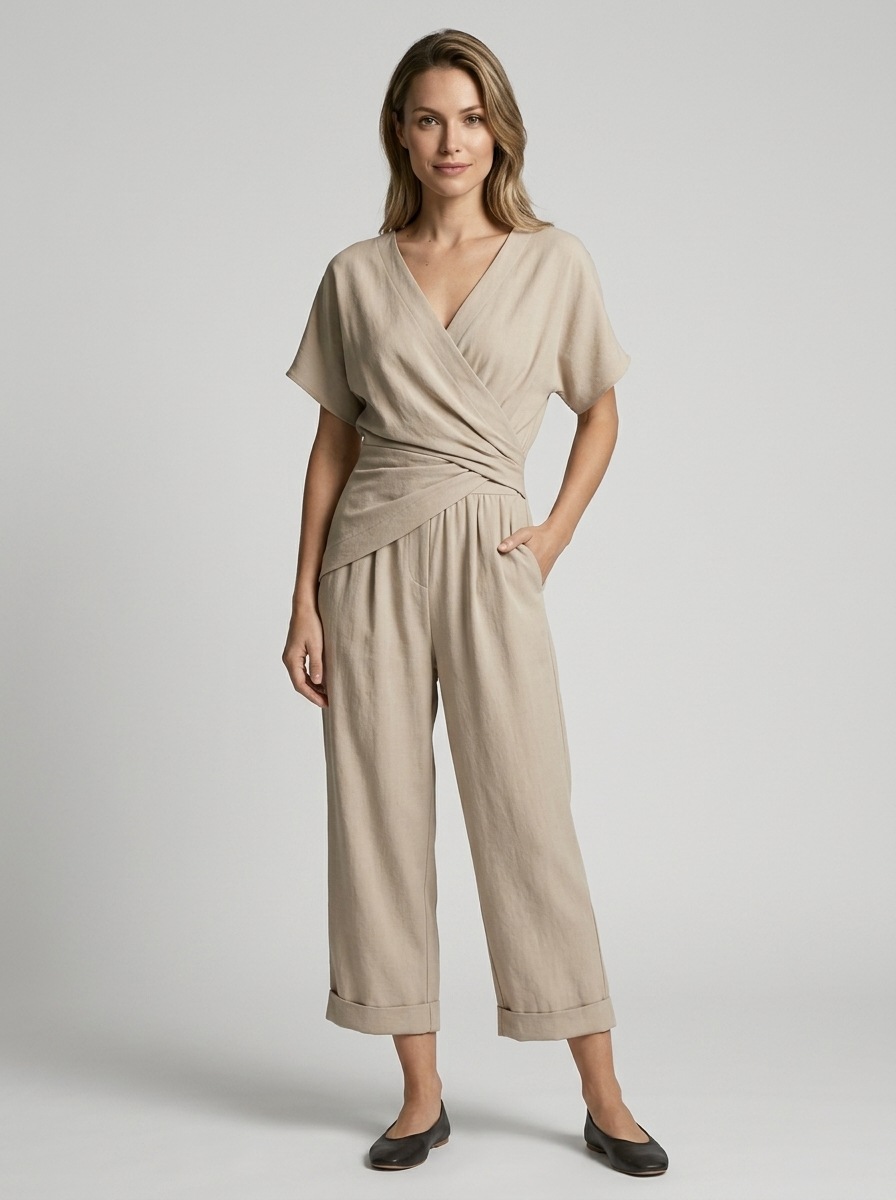 Elisea | Elegant Jumpsuit med V-Hals og Omslag