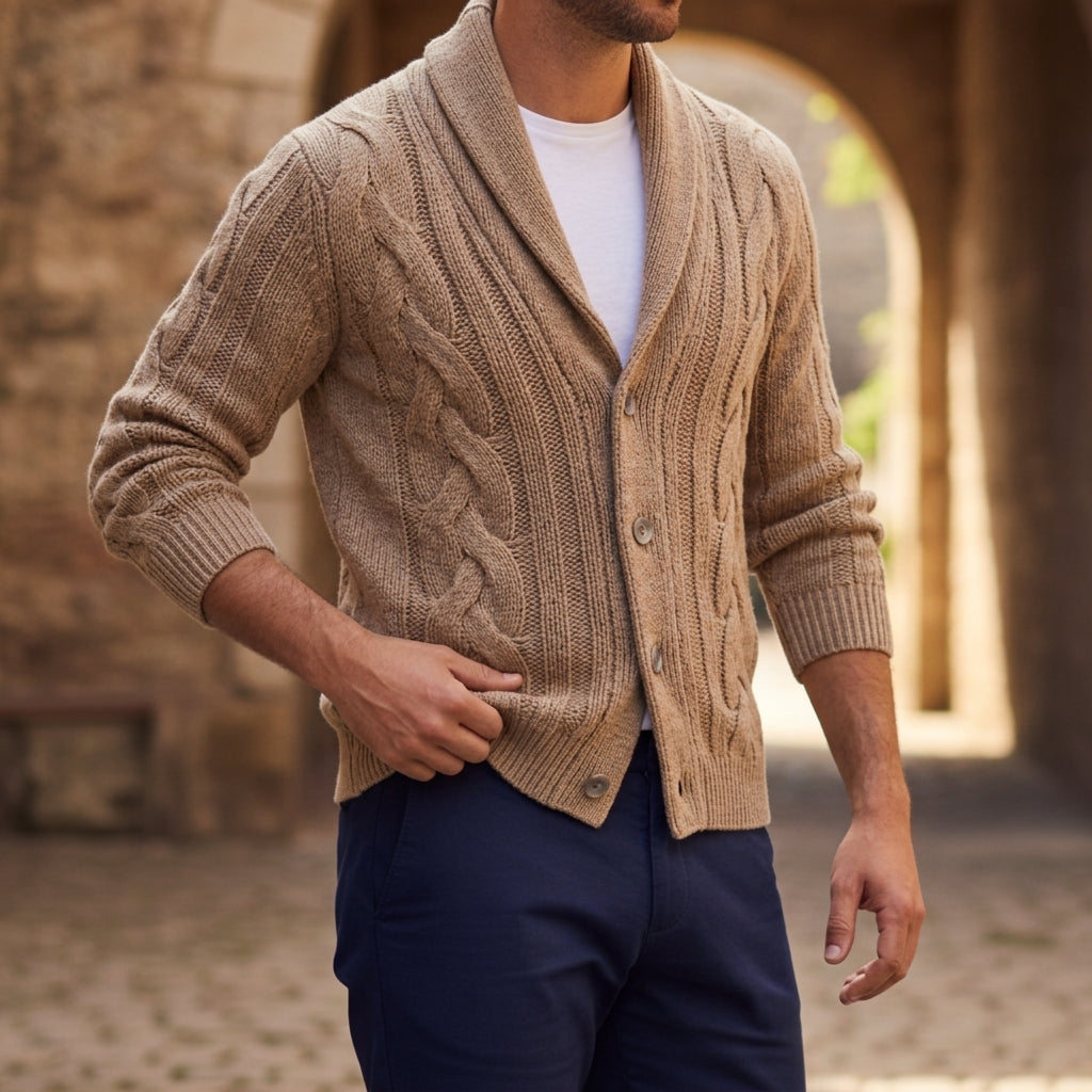 Tristan | Herre kabelstrikket cardigan med sjalskrave