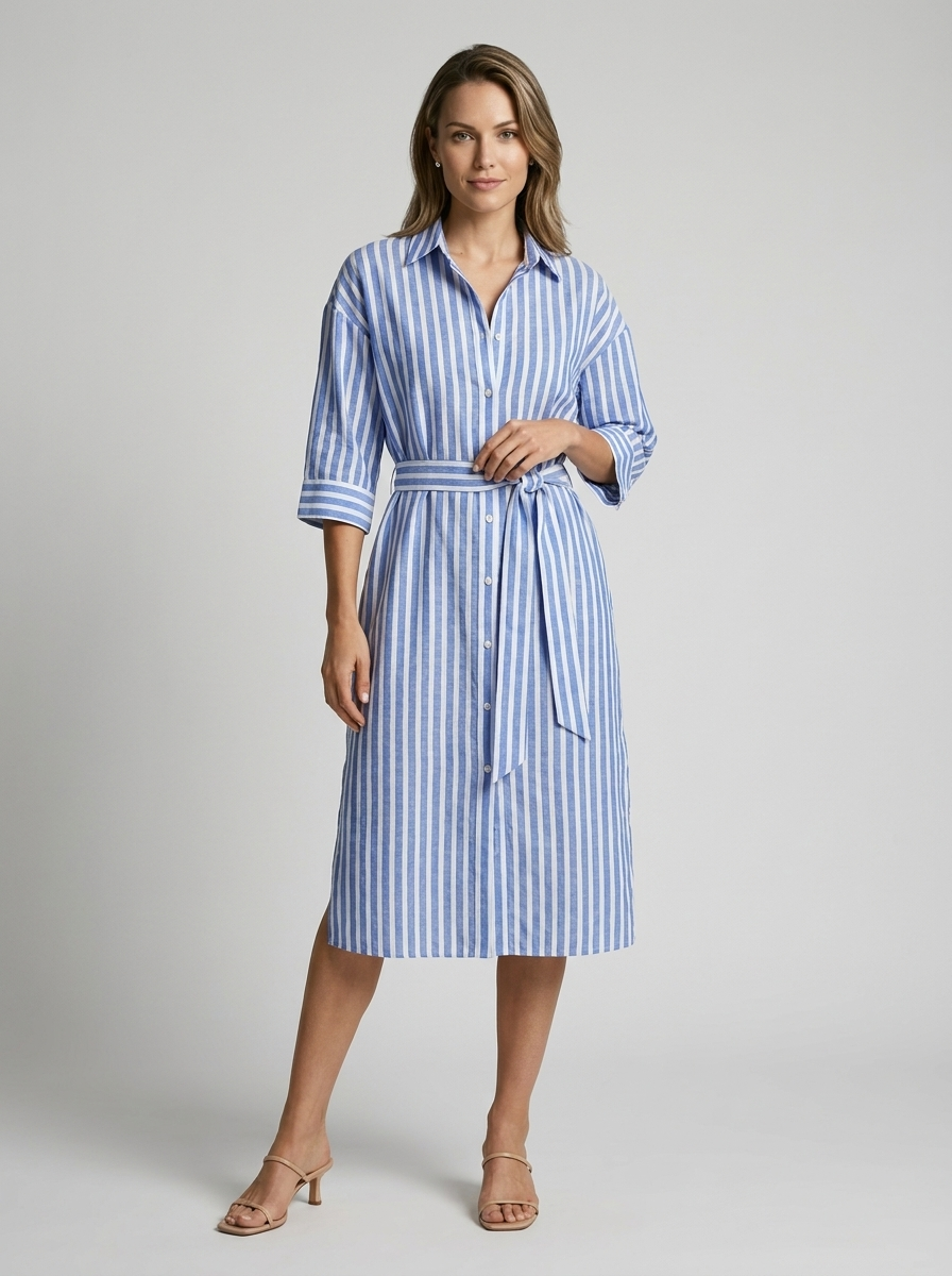 Vivienne | Stribet Midi Skjortekjole til Dame