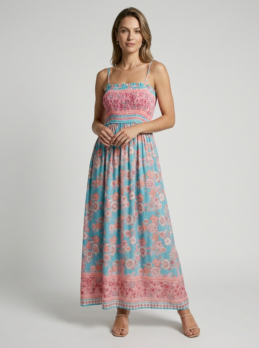 Marbella | Blomstret Maxi Kjole Med Slids Og Smock Overdel