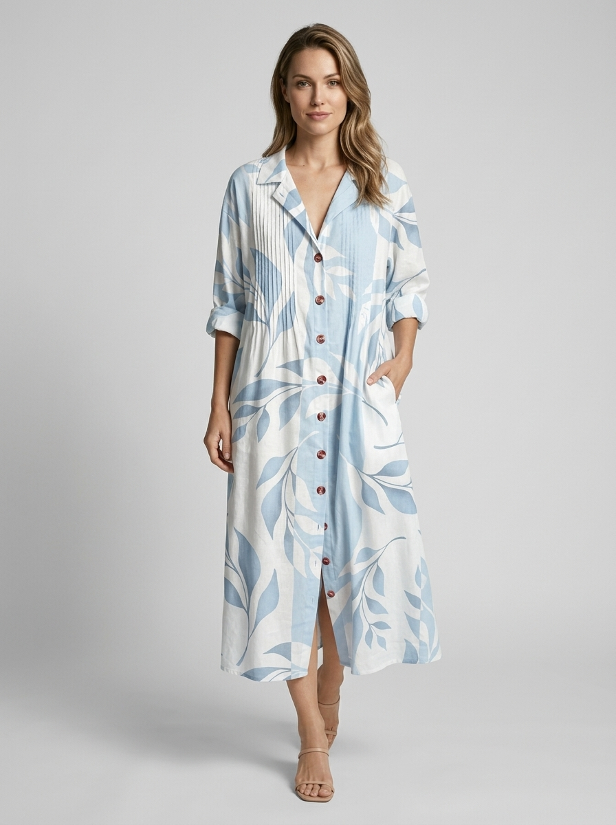 Alina | Blomstret Midi Kjole med Knaplukning