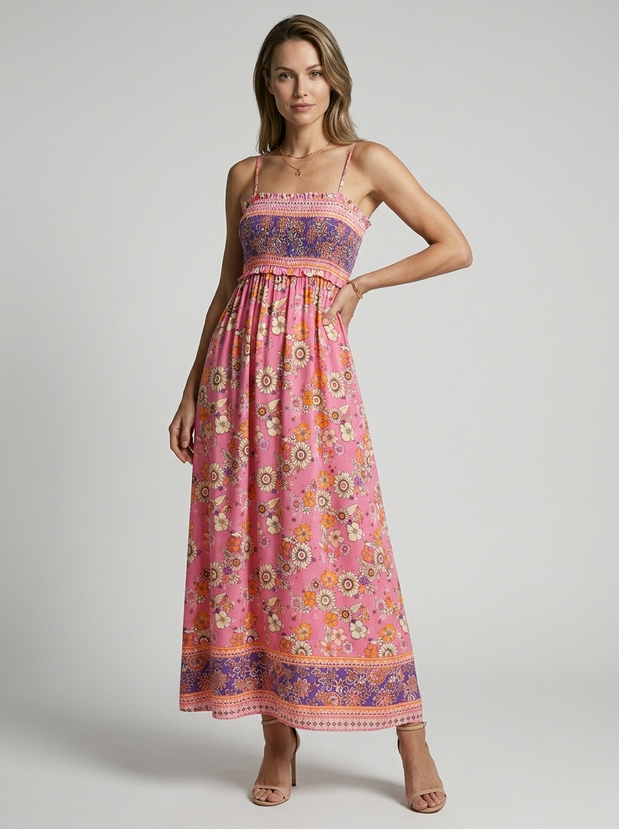 Marbella | Blomstret Maxi Kjole Med Slids Og Smock Overdel