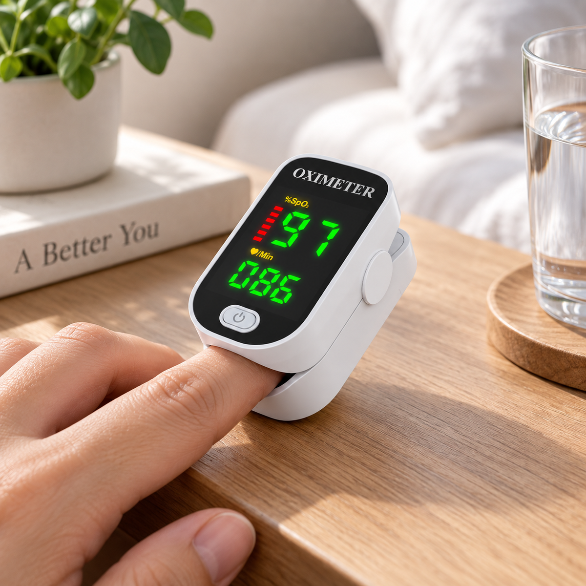 Pulsoximeter med digitalt LED-display placeret på en finger
