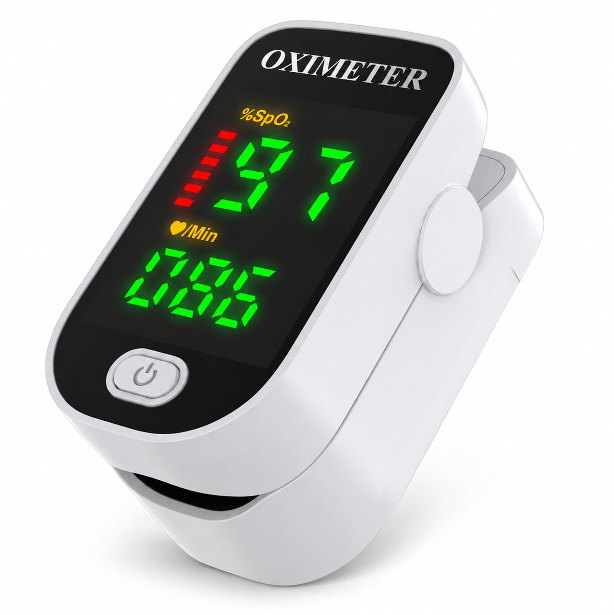 Pulsoximeter med digitalt LED-display placeret på en finger