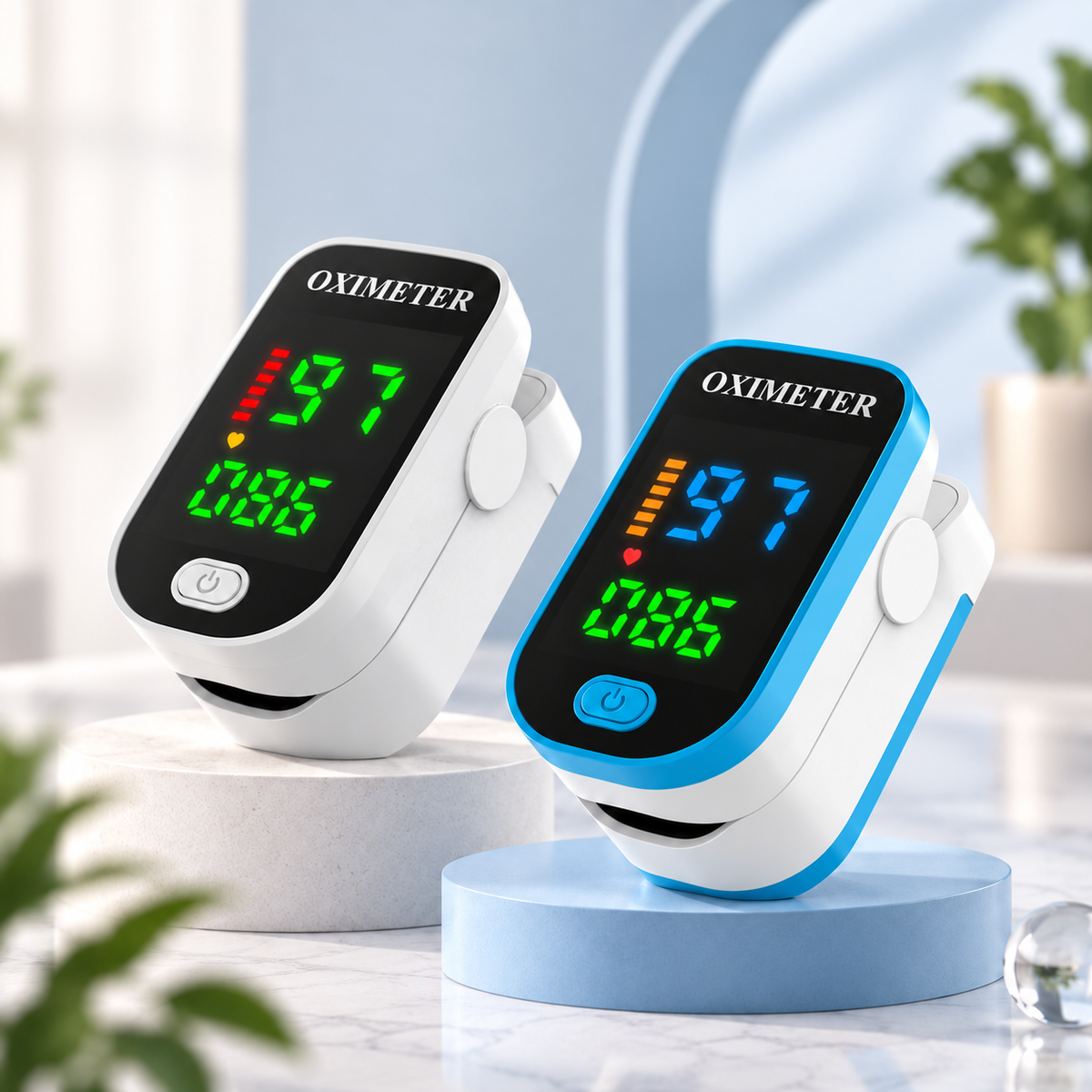 Pulsoximeter med digitalt LED-display placeret på en finger