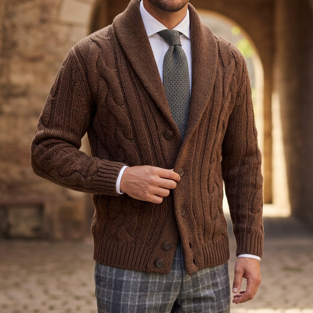 Tristan | Herre kabelstrikket cardigan med sjalskrave
