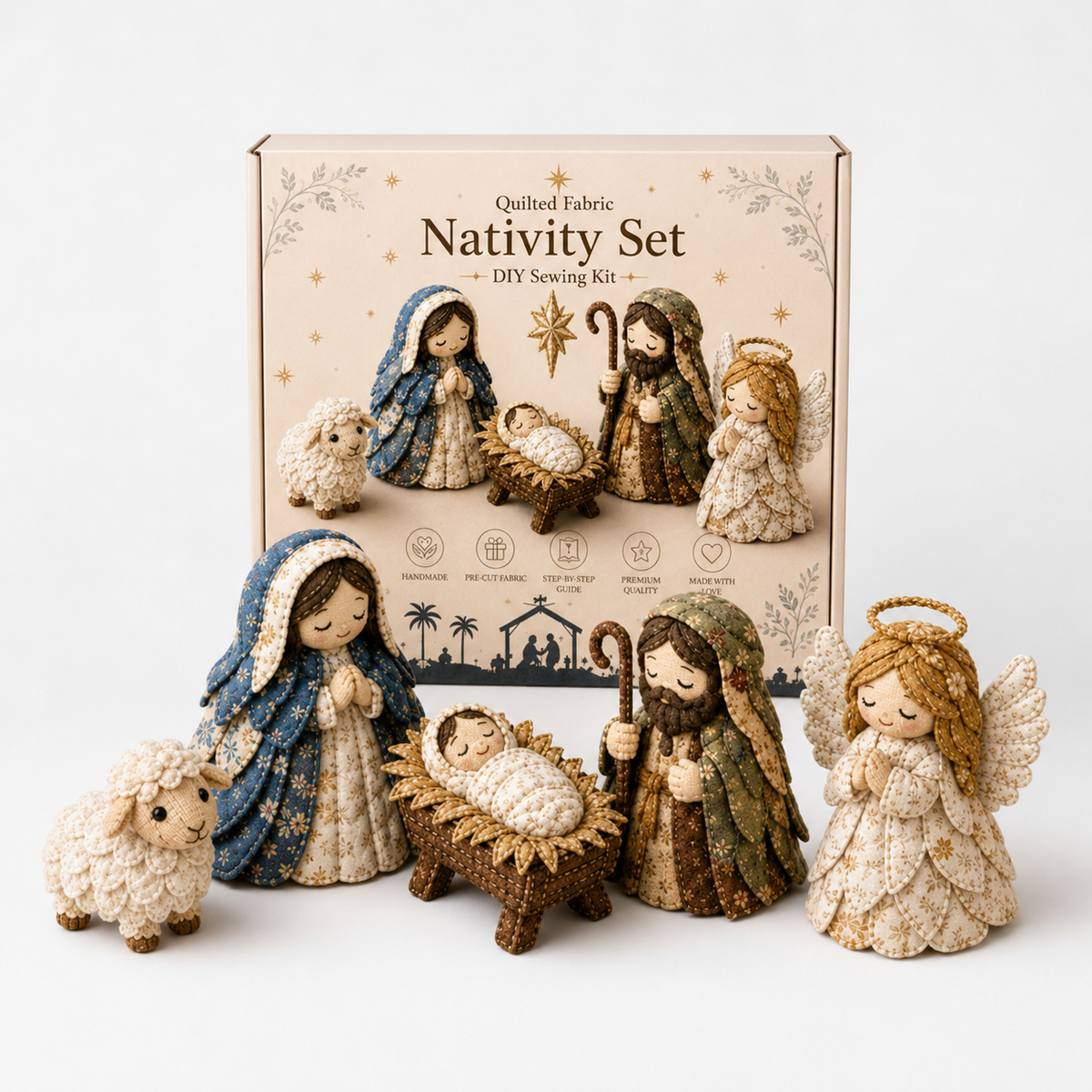 Sykit til patchworkinspireret julekrybbe med figurer og illustreret æske