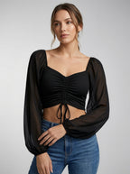Sorella | Rynket Crop Top Med Snøre Og Transparente Ærmer