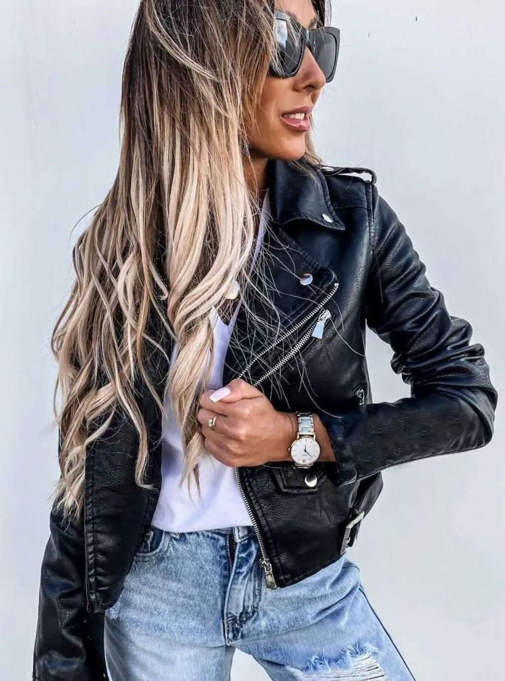 Nora | Dame Bikerjakke Med Læderlook