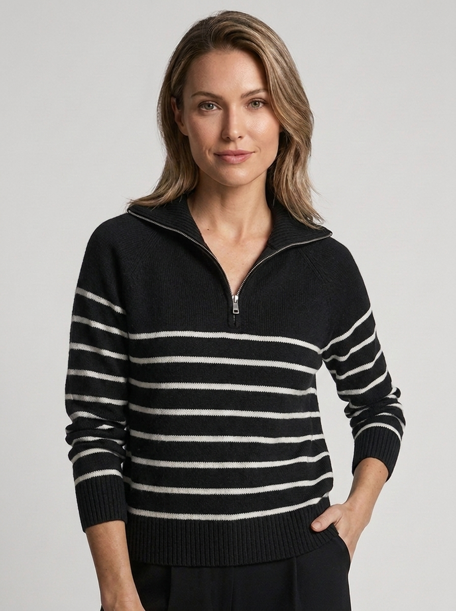 Isabelle™ | Pull vintage chic à demi-fermeture éclair pour femme avec rayures classiques