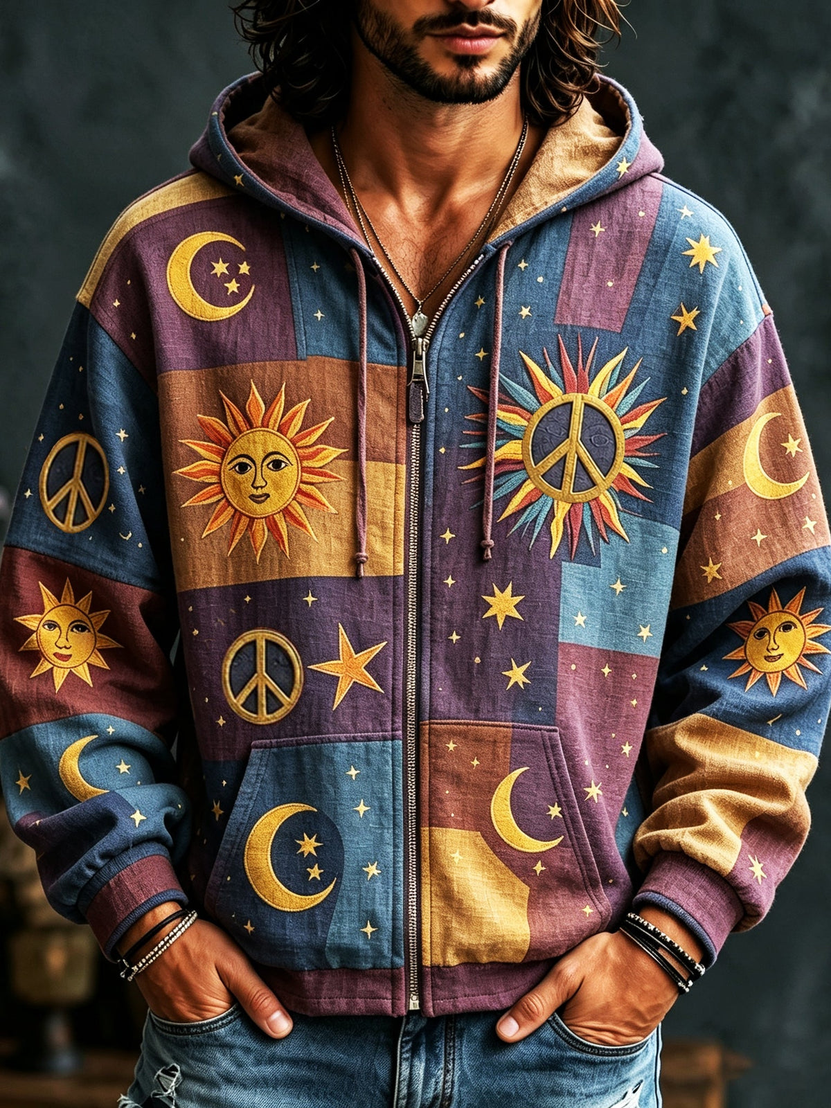 Herrehoodie med lynlås, flerfarvet patchwork og sol-, måne- og stjernemotiver