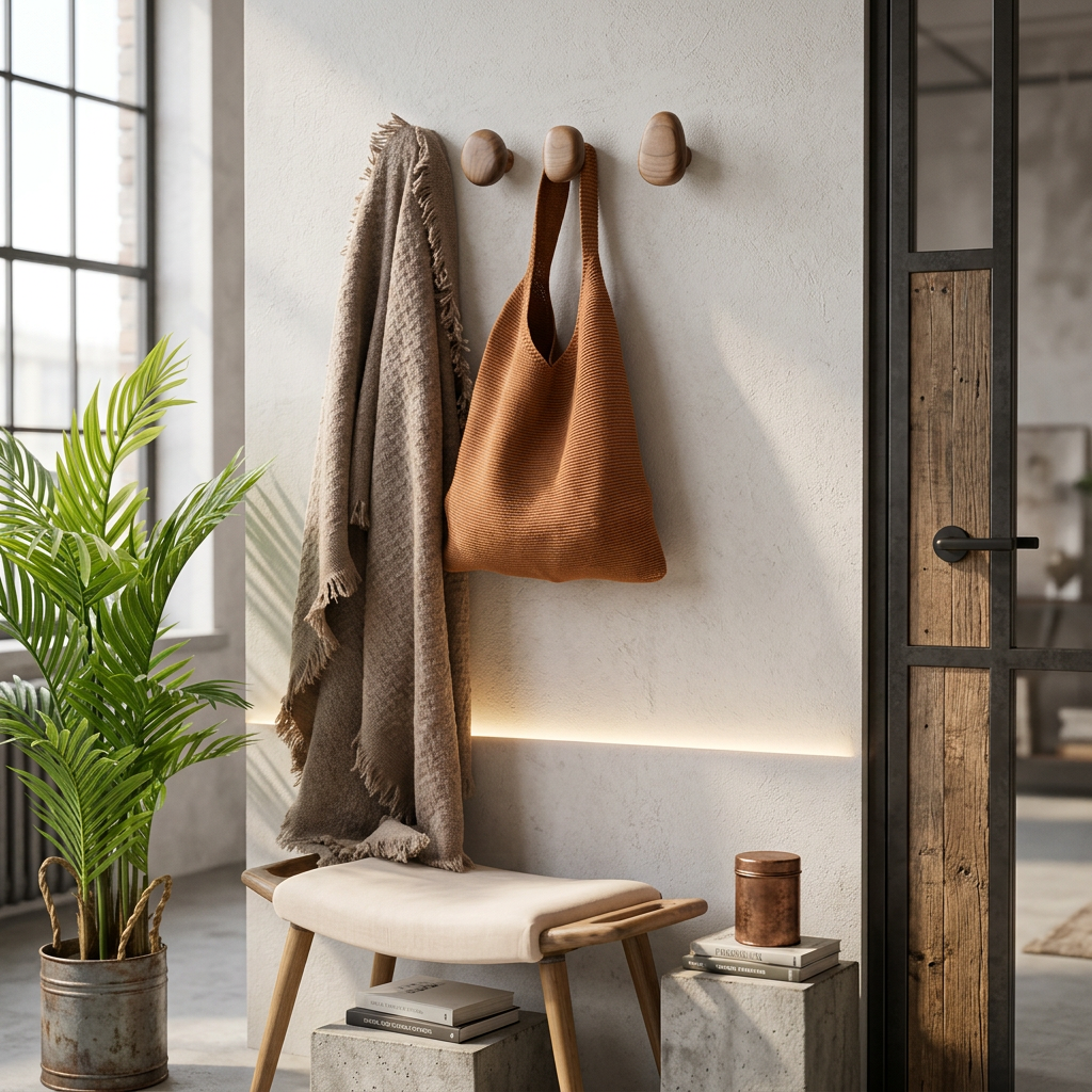 Dekorative træknager med afrundet organisk form på en hvid væg
