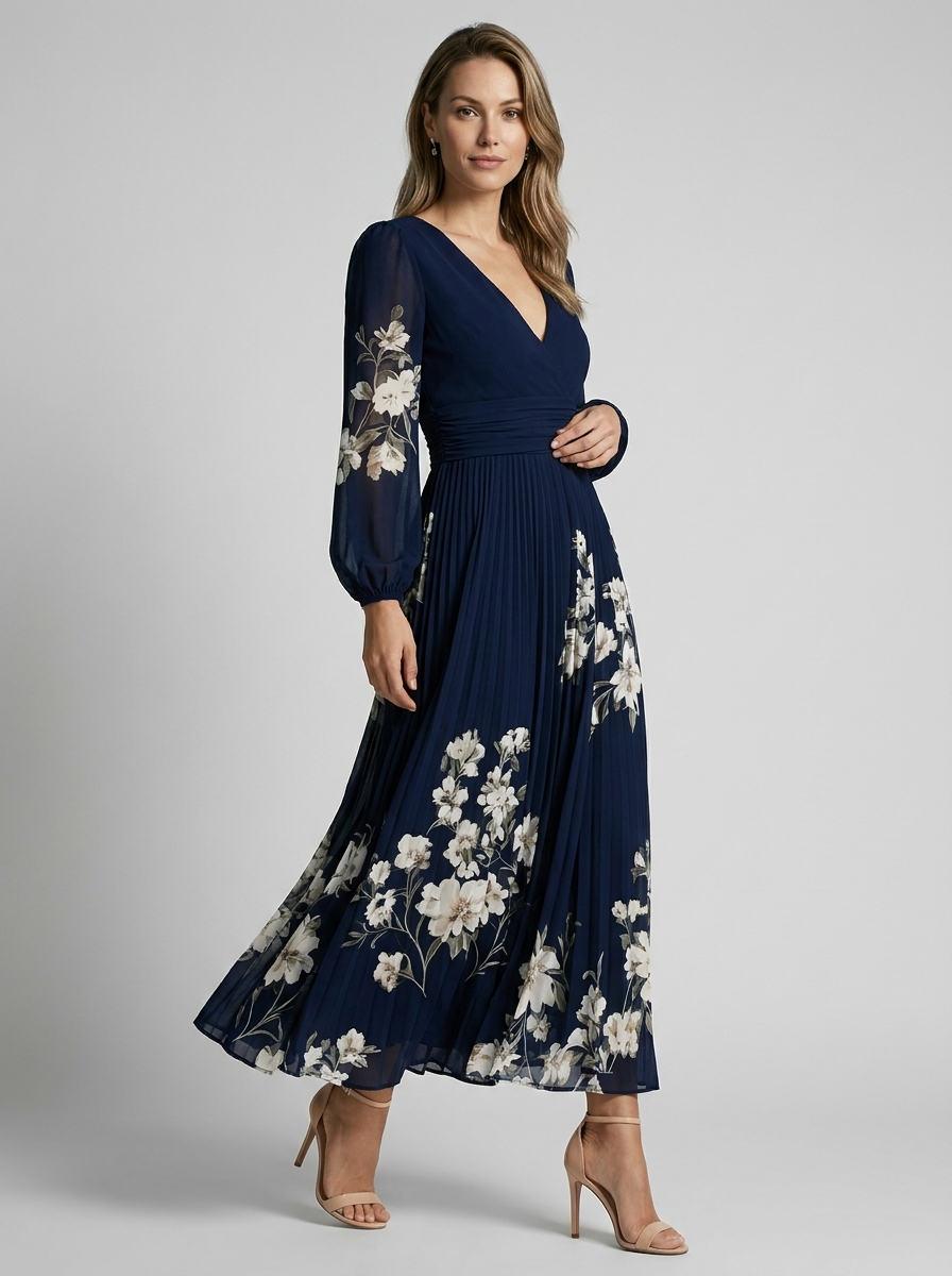 Isabella | Elegant Blomstret Maxi Kjole Med Plisseret Nederdel