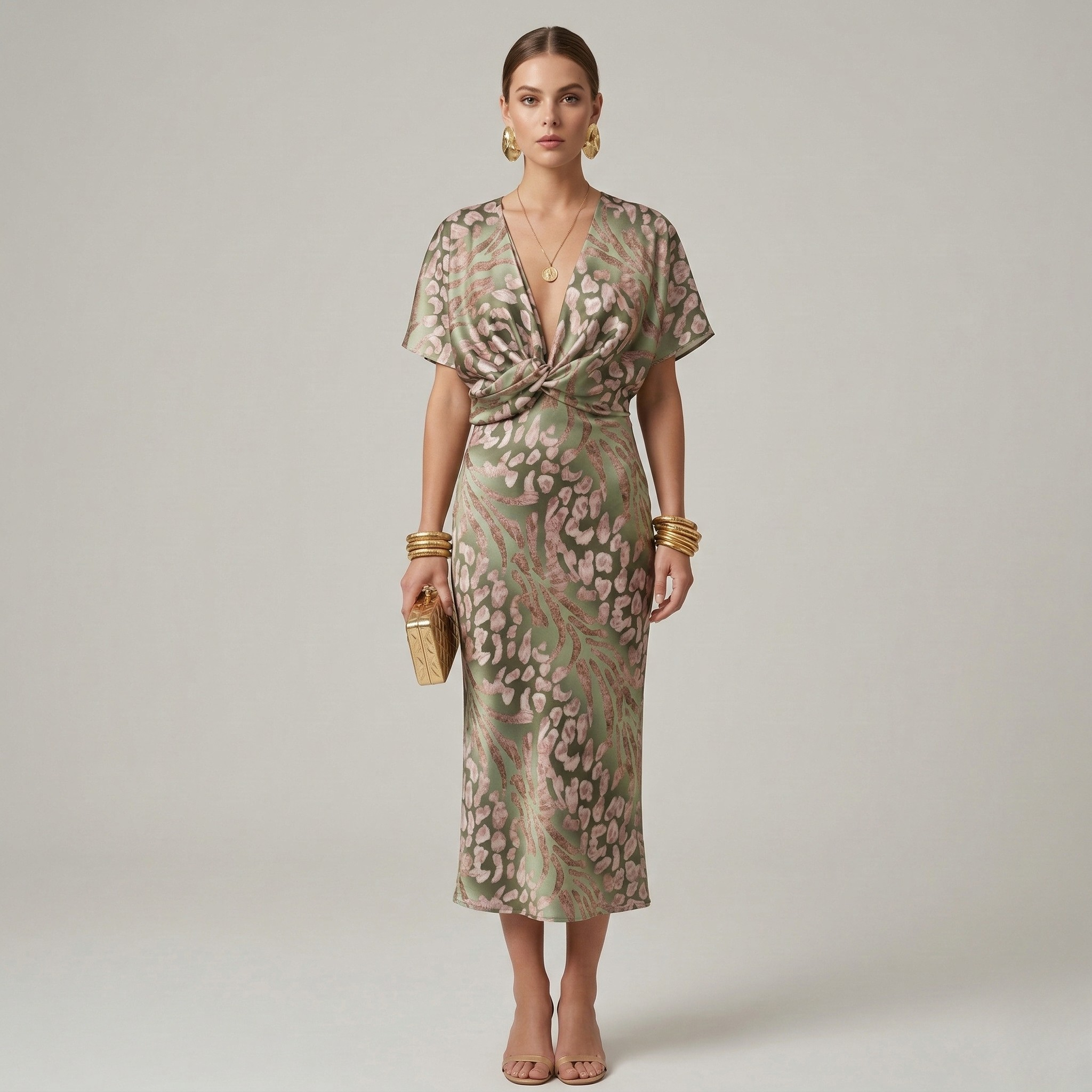 Serenelle | Elegant Midi Kjole Med Print Og V-Hals Med Frontknytning
