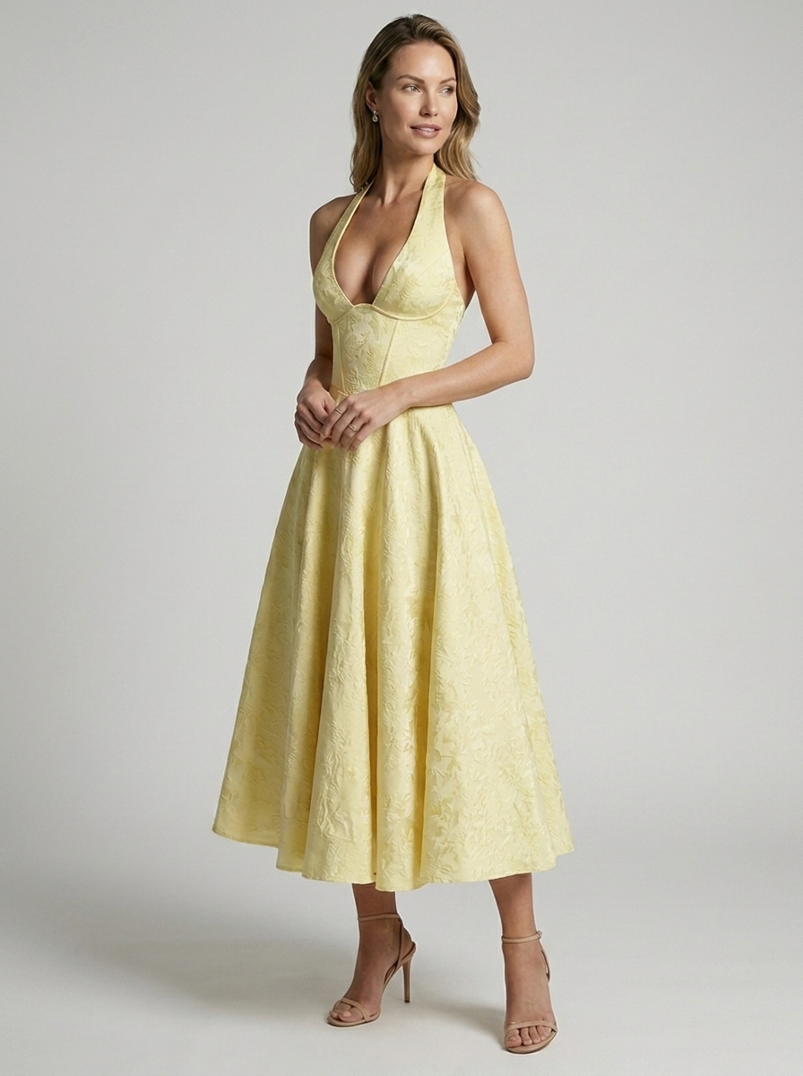 Brooklyn | Elegant Jacquard Midikjole Med Halterneck