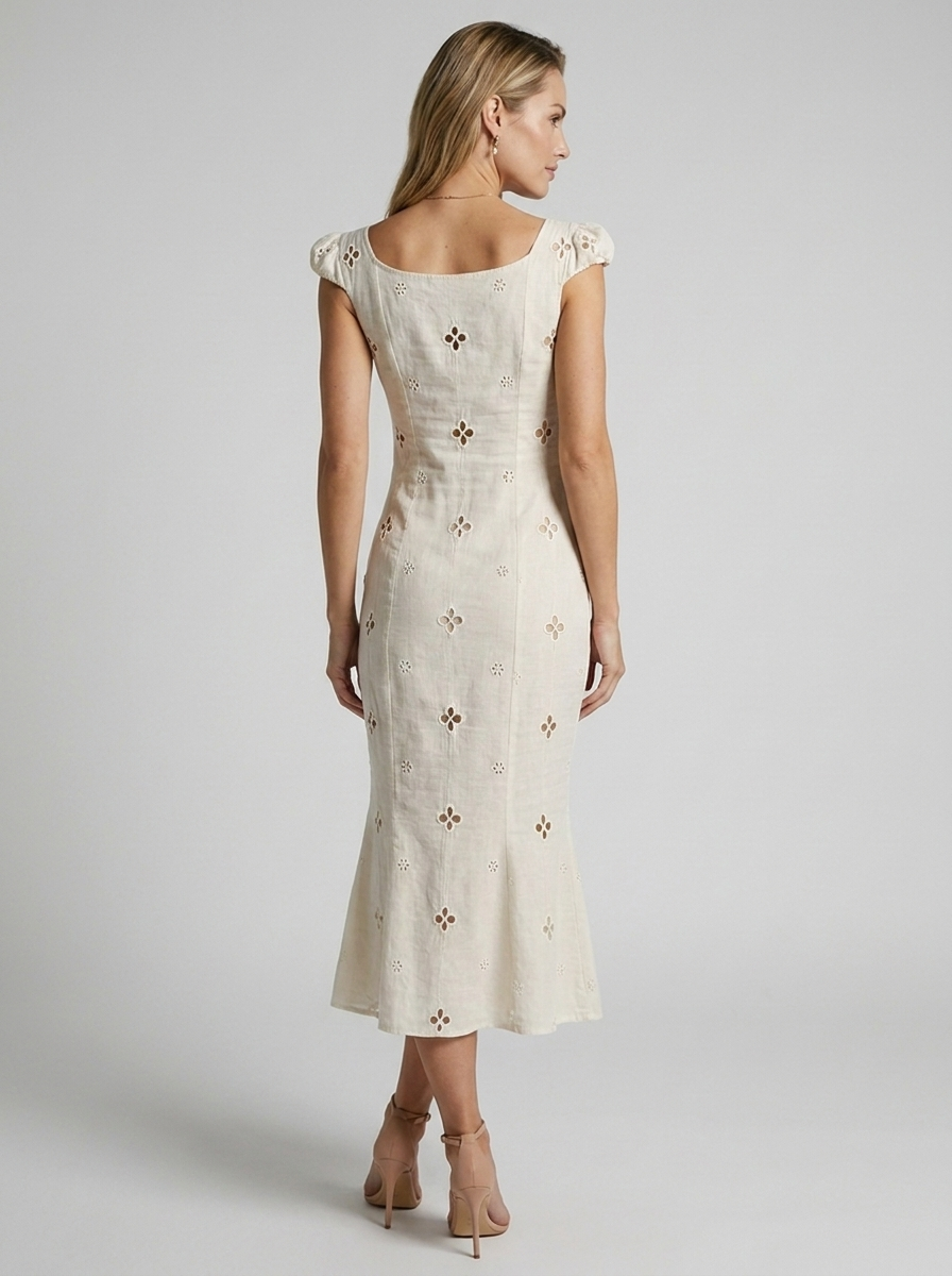 Isabella | Broderet Midi Kjole Med Cut-Out Til Dame