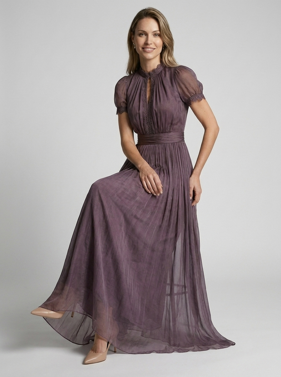 Arabella | Elegant Chiffon Maxikjole Med Blonder Og Drapering