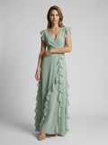 Seraphina | Elegant Maxi Kjole Med Flæser Og Dyb V-Udskæring