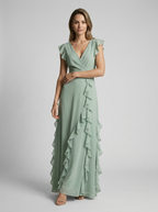 Seraphina | Elegant Maxi Kjole Med Flæser Og Dyb V-Udskæring