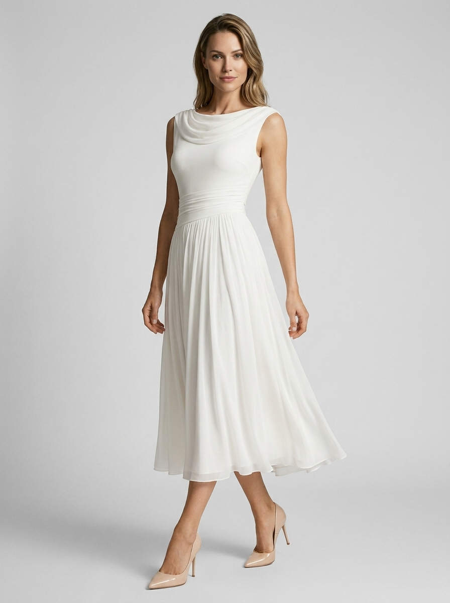 Aurélie | Elegant Midi Kjole Med Draperet Halsudskæring