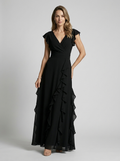 Seraphina | Elegant Maxi Kjole Med Flæser Og Dyb V-Udskæring
