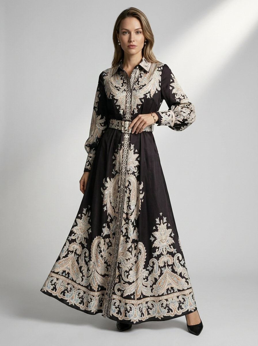 Arabella | Robe ligne A avec imprimé ornemental et ceinture
