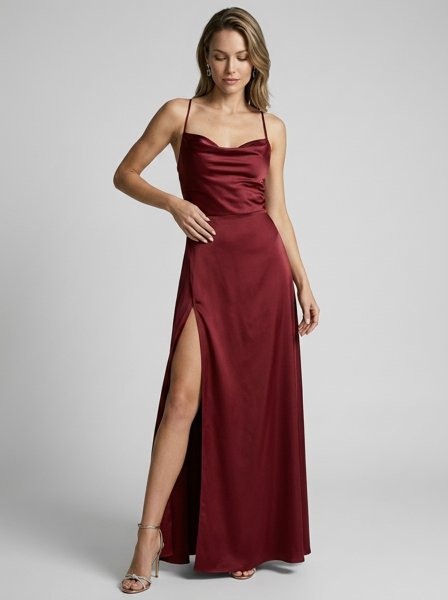 Aurélie | Robe maxi en satin avec fente haute et dos nu