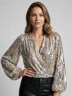Vivienne | Paillet Bluse med V-Hals og Lange Ærmer