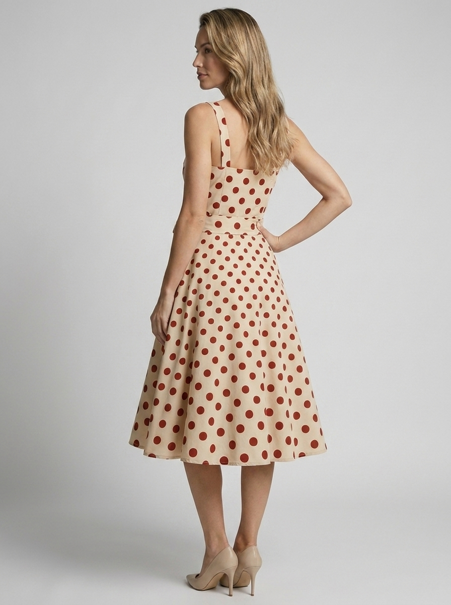 Rosalie | Vintage Prikket Midi Kjole Med Feminint Snit