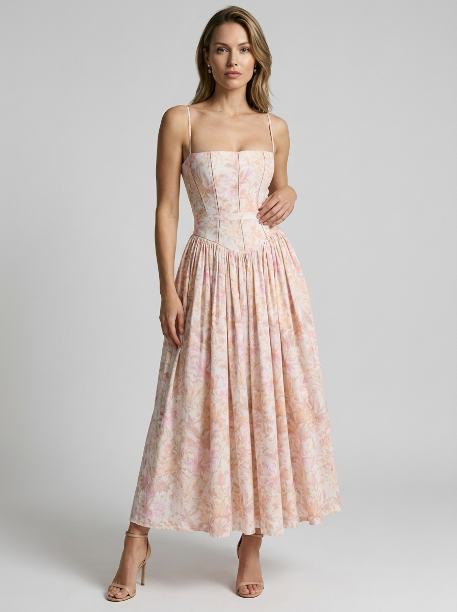 Celeste | Floral Midi Dress with Corset-Inspired Fit