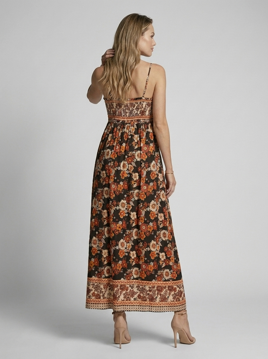 Marbella | Blomstret Maxi Kjole Med Slids Og Smock Overdel