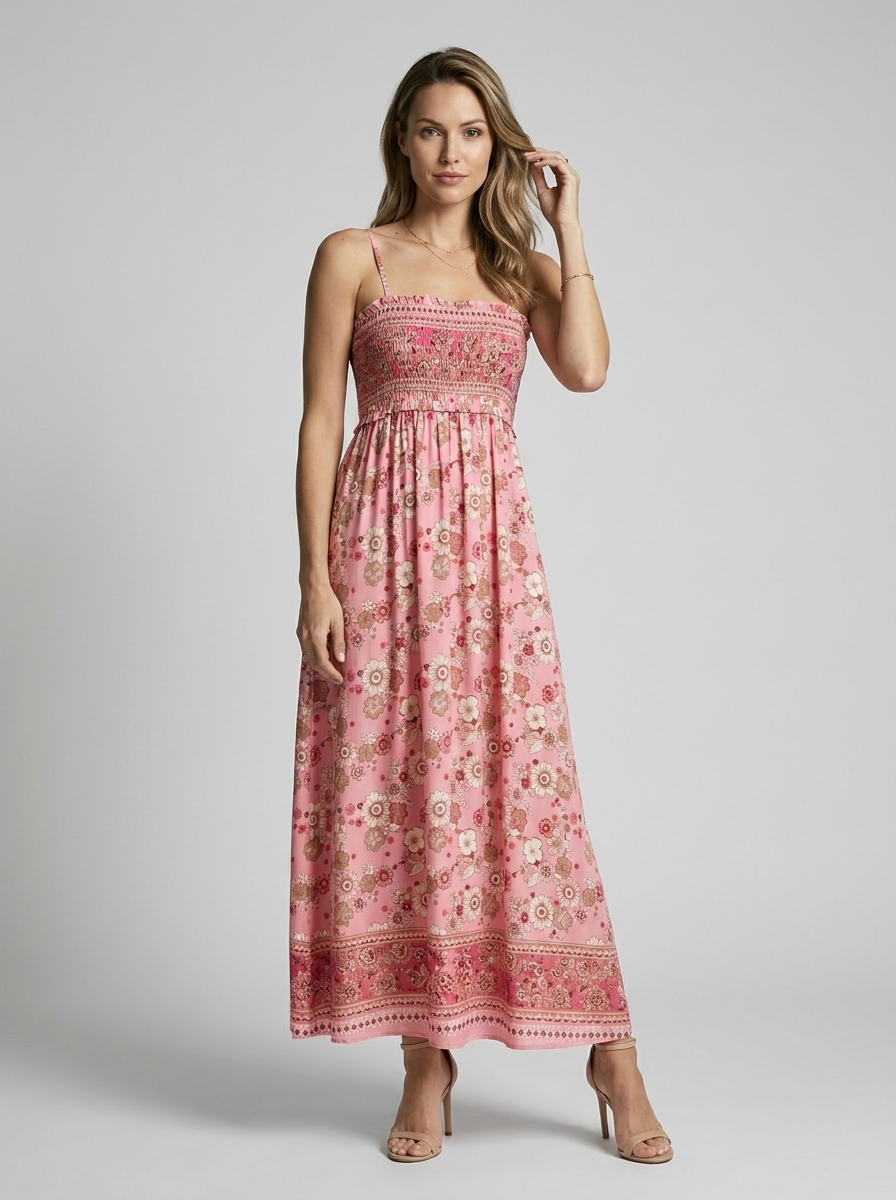 Marbella | Blomstret Maxi Kjole Med Slids Og Smock Overdel