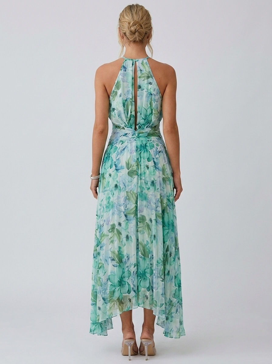 Julia | Plisseret Midikjole Med Halterneck Og Blomsterprint