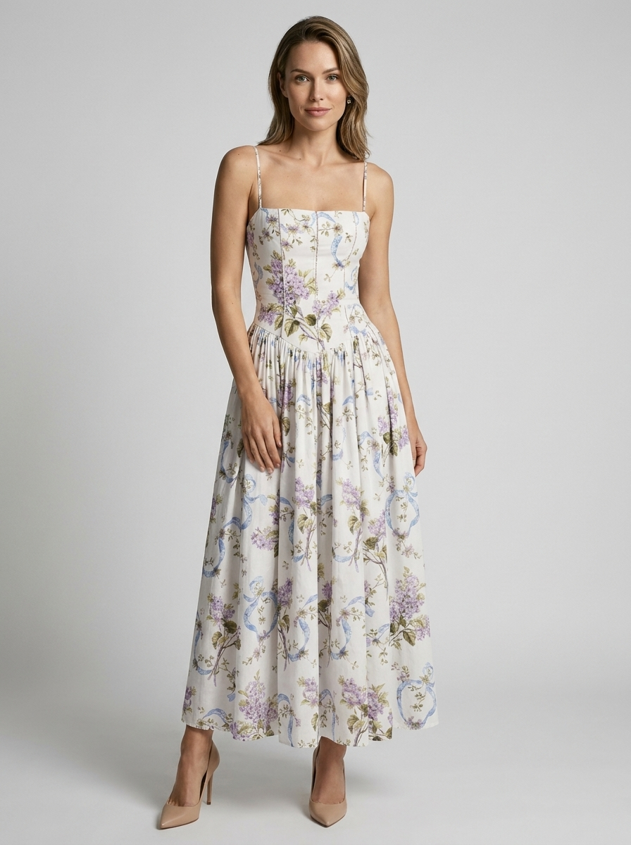 Celeste | Floral Midi Dress with Corset-Inspired Fit