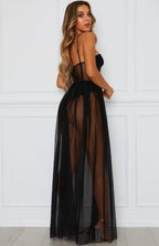 Calista | Vestido maxi transparente con tirantes finos y abertura