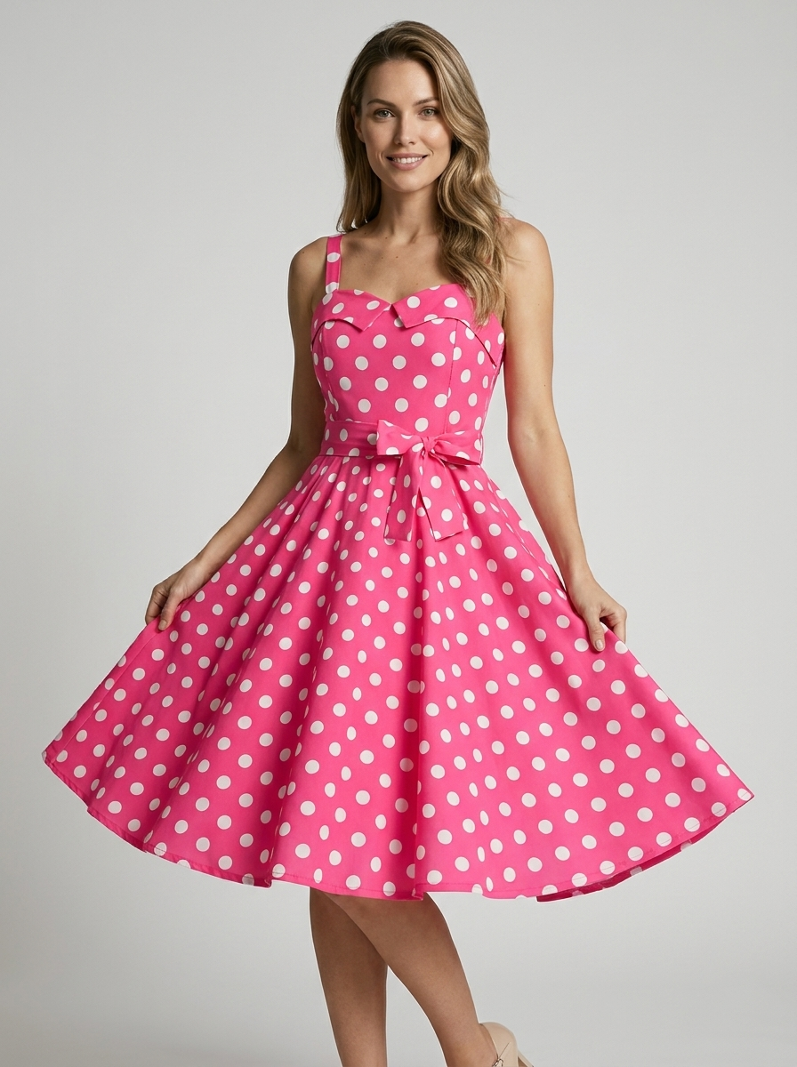 Rosalie | Vintage Prikket Midi Kjole Med Feminint Snit